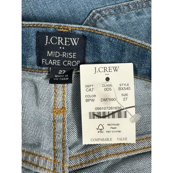 NWT J.Crew Flare Crop Mid-Rise Jean in All-Day Stretch Blue Pebble Wash Size 27